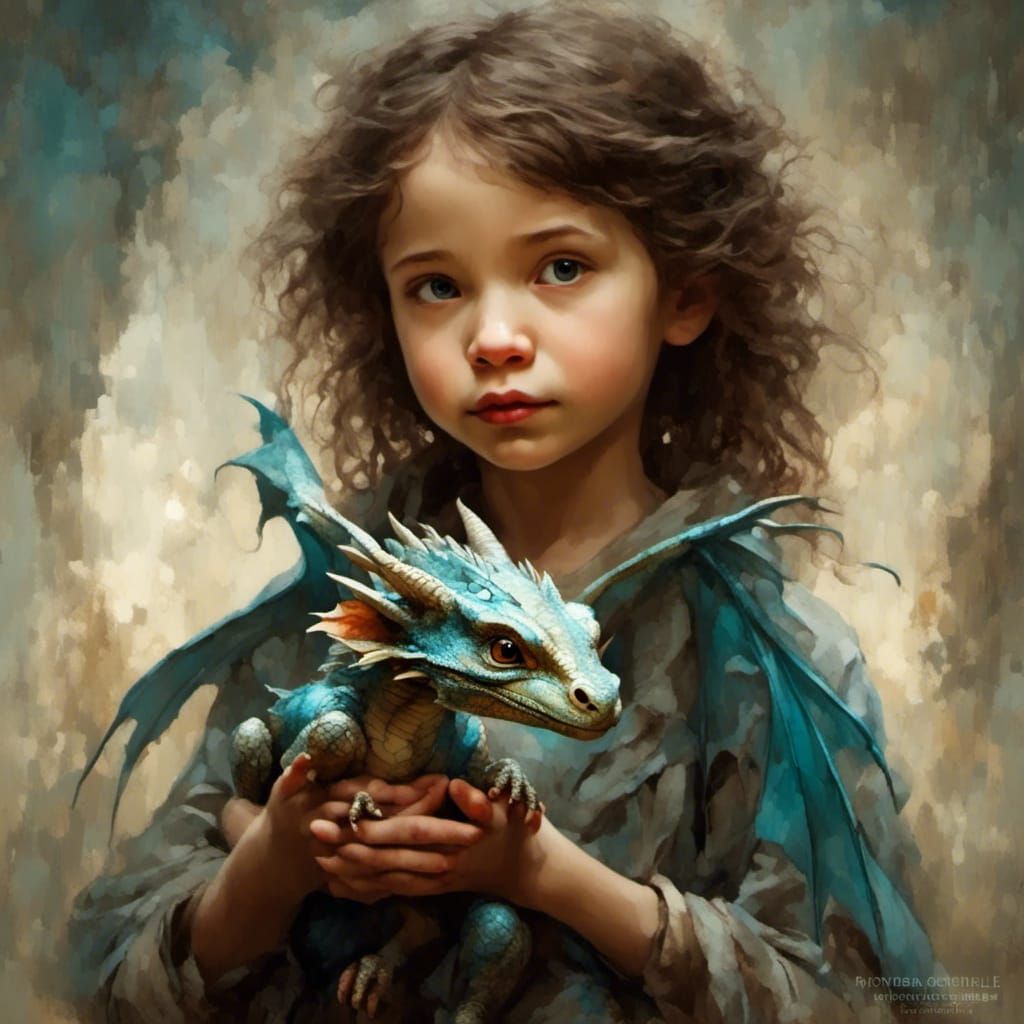 Girl Protects Tiny Dragon: Hyperrealistic Portrait