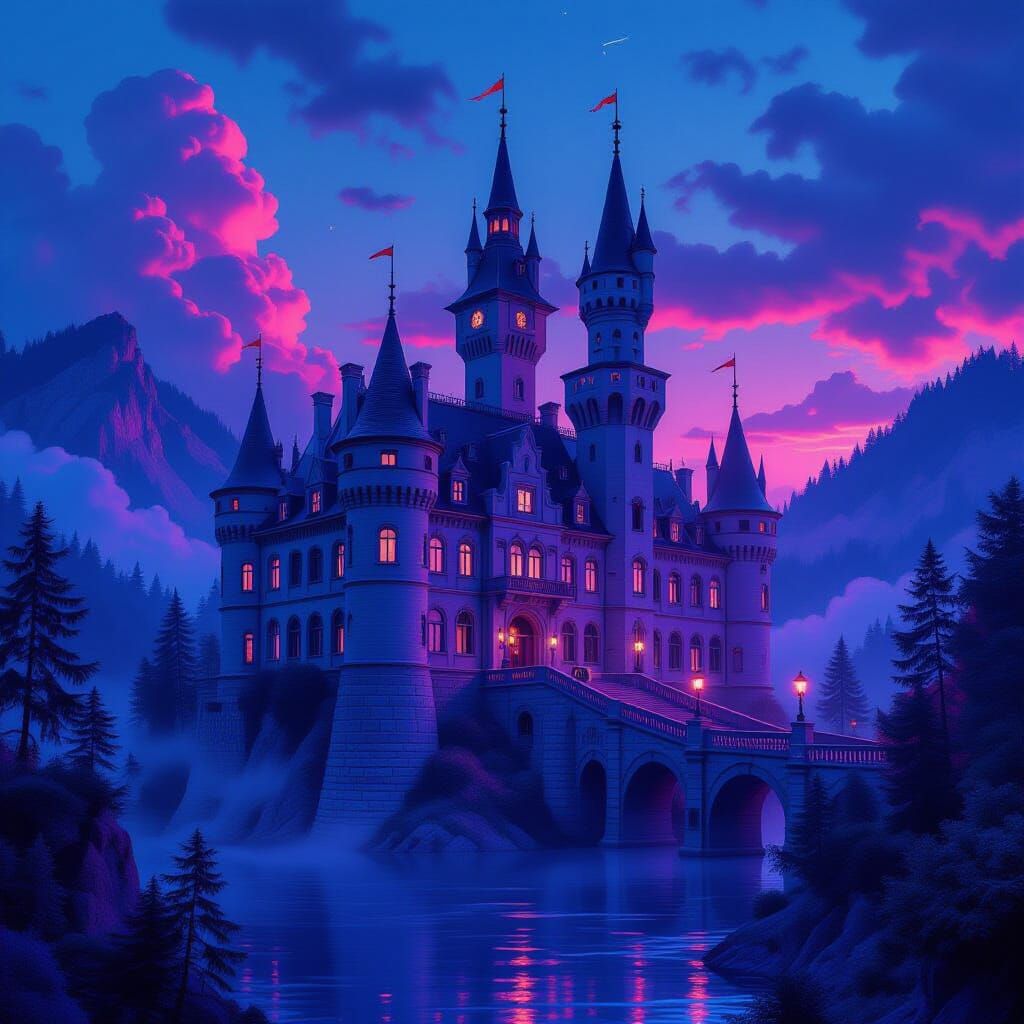 Glucksburg Castle in Neon Synthwave Style