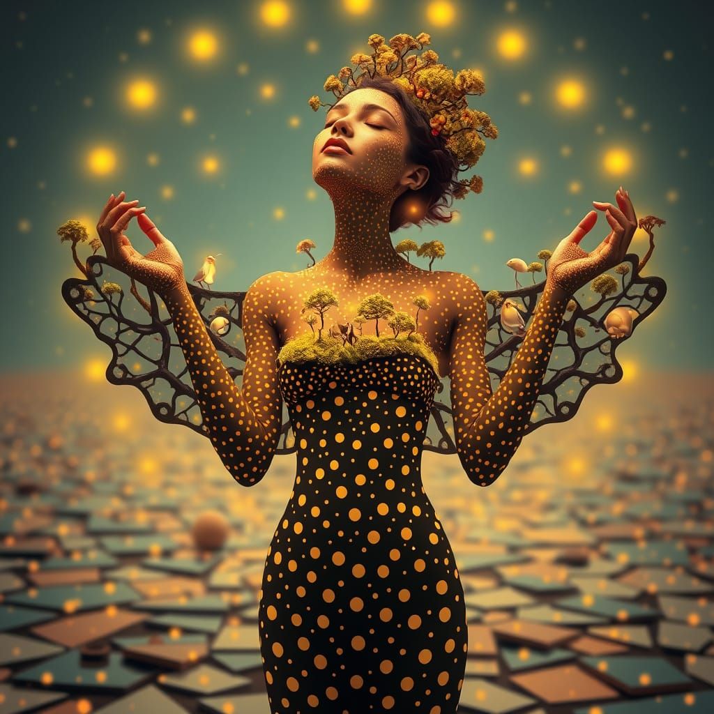 Surreal Goddess in Dots Landscape with Miniature Creatures a...