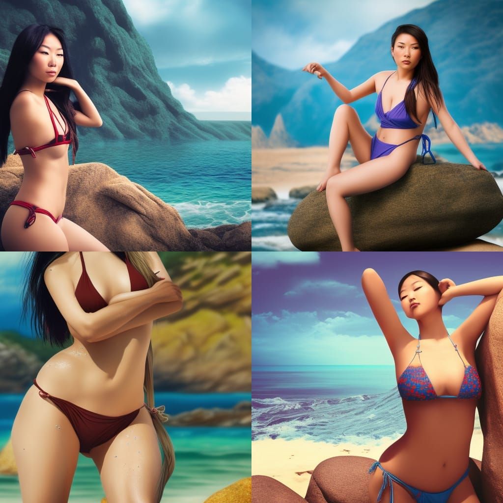 Asian Woman Posing on Beach Rock: Award-Winning Photography