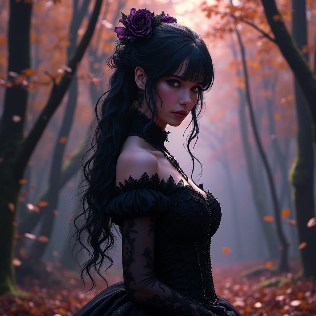 Dark Fantasy Goth Woman in Autumn Forest