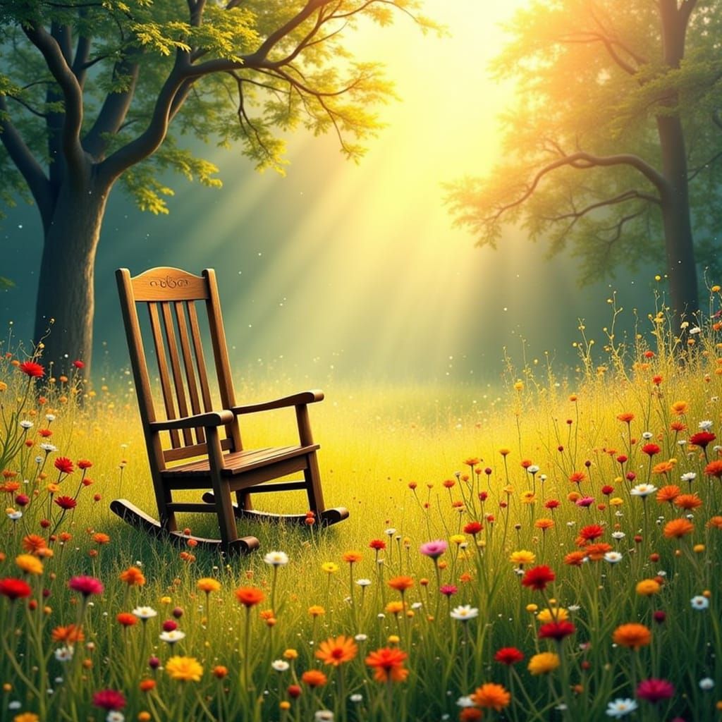 Sunlit Meadow with Antique Rocking Chair, Impressionist Styl...