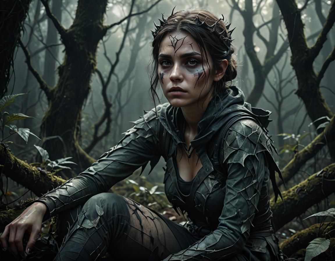 Thorned Girl in Mystical Forest: Hyper-Realistic Sci-Fi Art