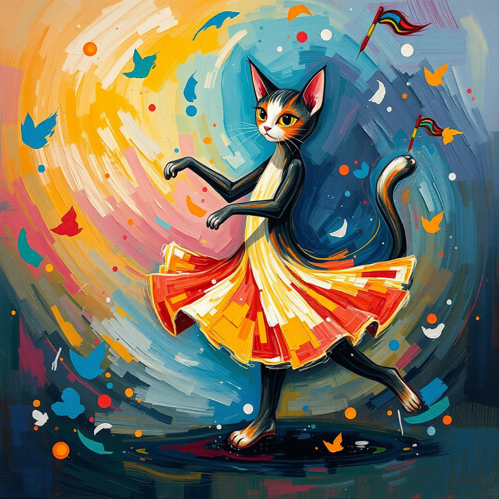 Whimsical Cat Dancer in Expressionist Style