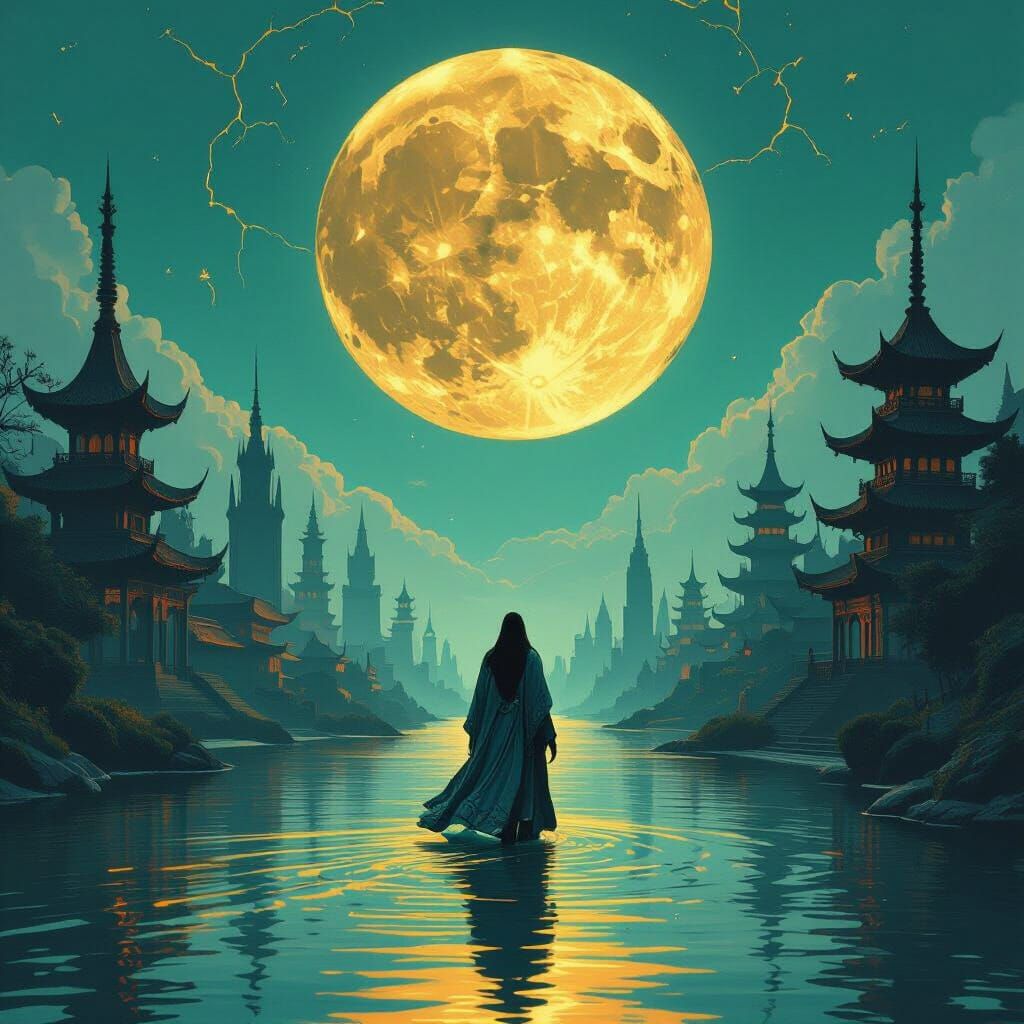 Golden River Scene with Gothic and Eastern Architecture