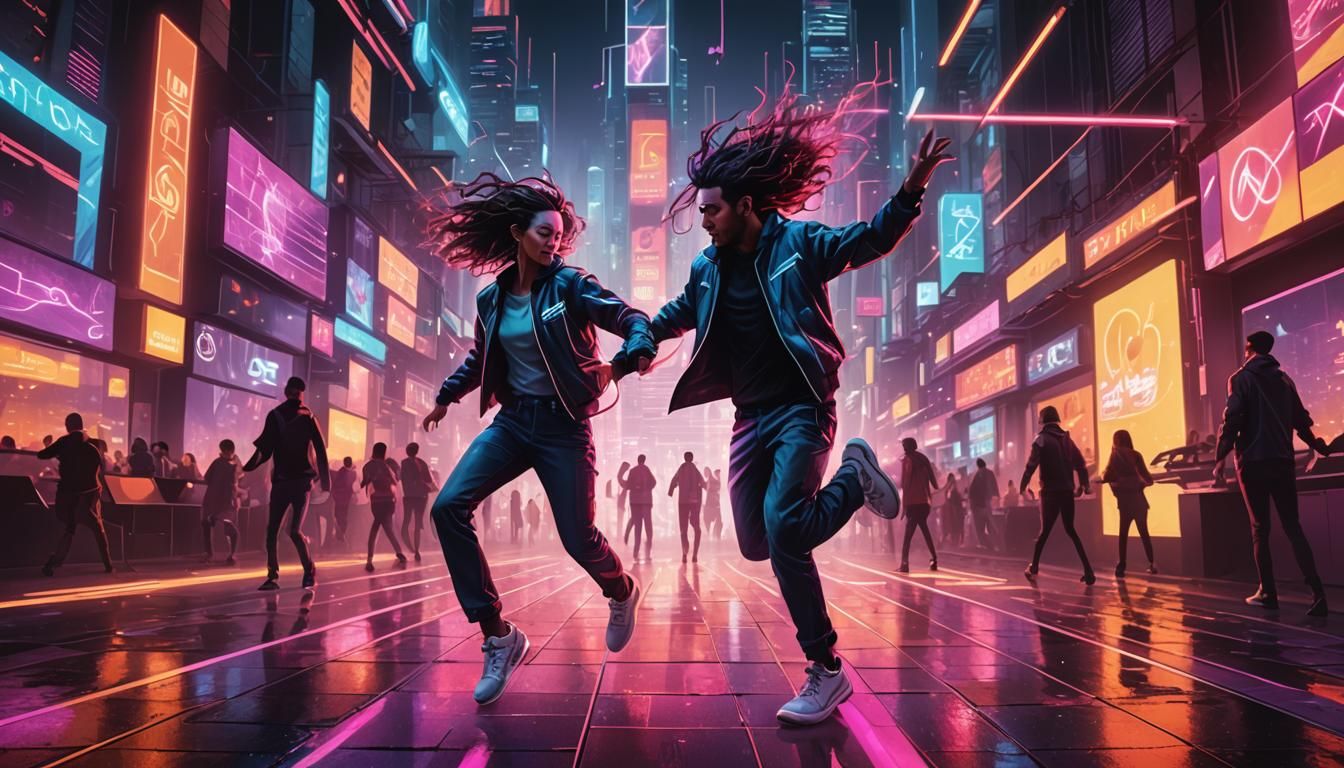 Vibrant Neon Dancer in Cyberpunk Cityscape