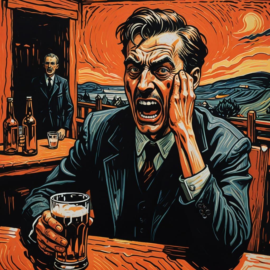 Expressionist Man Screaming in Vivid Lino Block Print