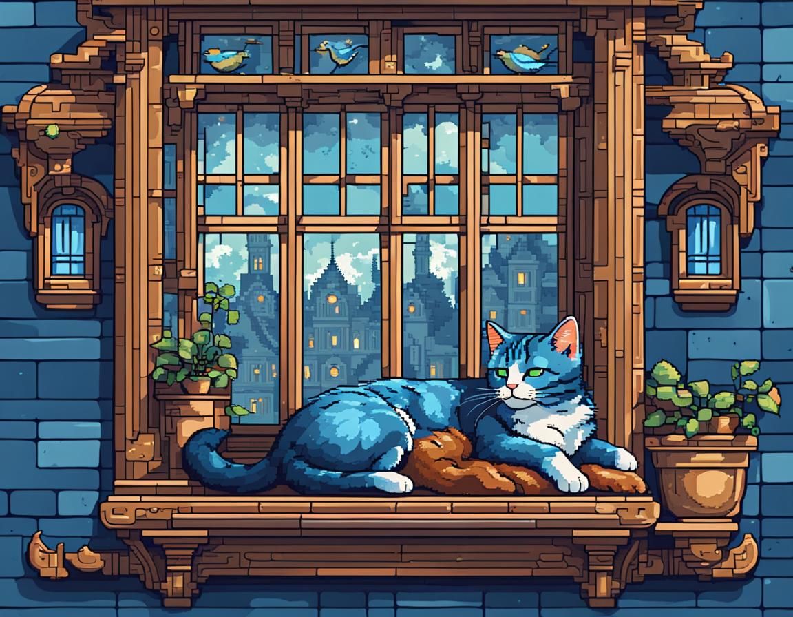 Cute Cat in Retro Pixel Art Steampunk Window