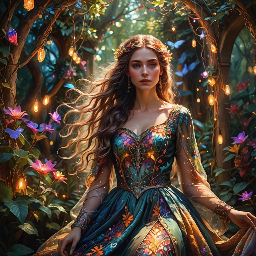 Mystical Garden Portrait in Vibrant Oil Painting Style