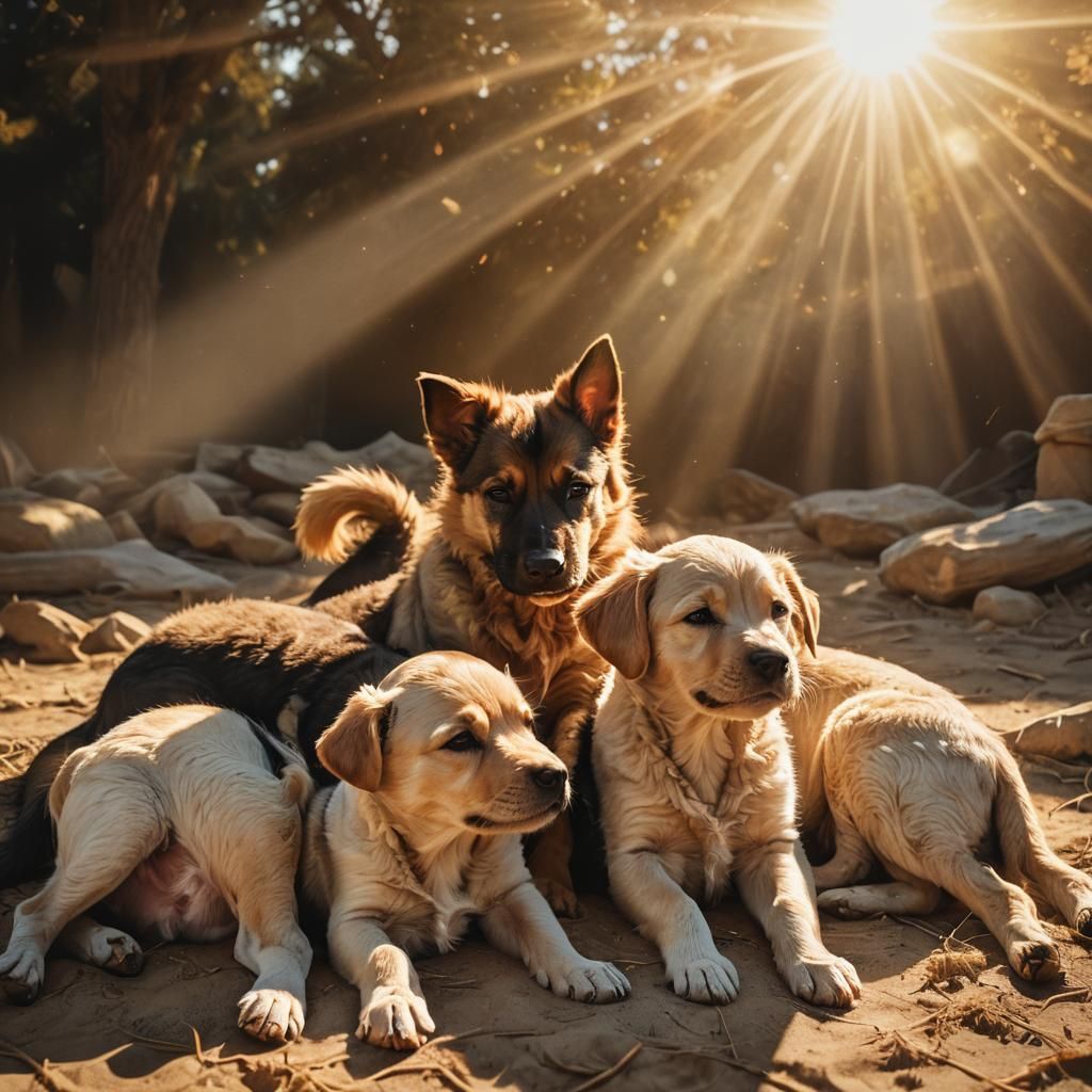 Newborn in the Sun with Dogs: Hyperrealistic Digital Art