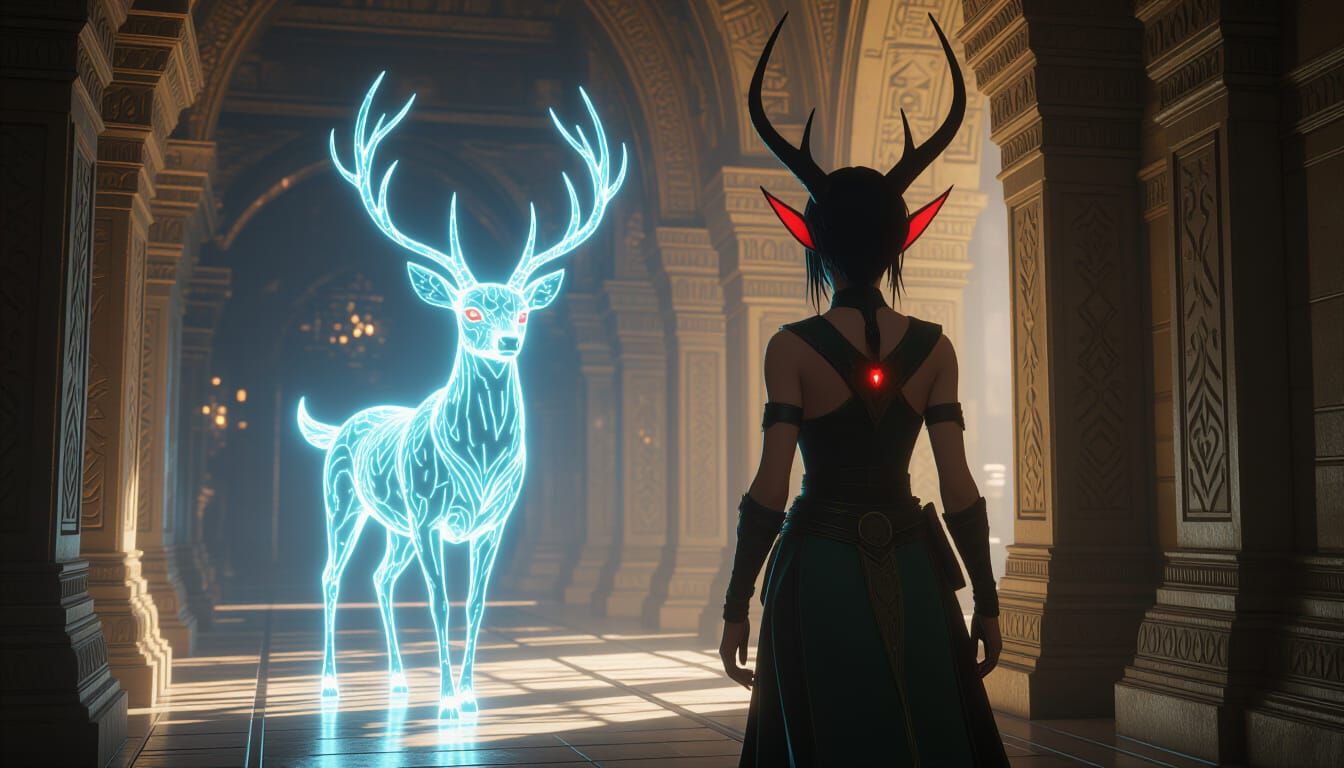 Luminescent Spirit Deer & Tiefling in Ancient Temple