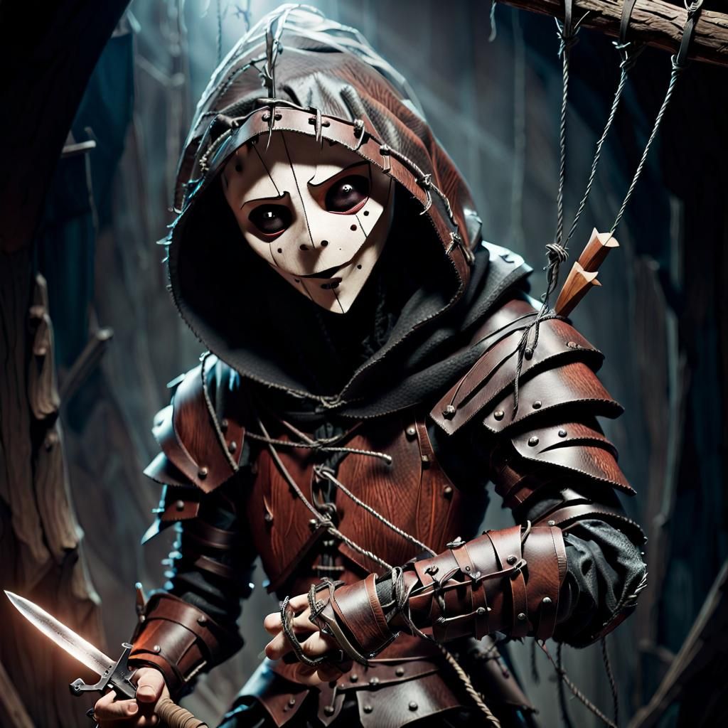 D&d rogue Marionette puppet, has magical life bestowed upon it, grips all its strings with one hand while using a dagger...
