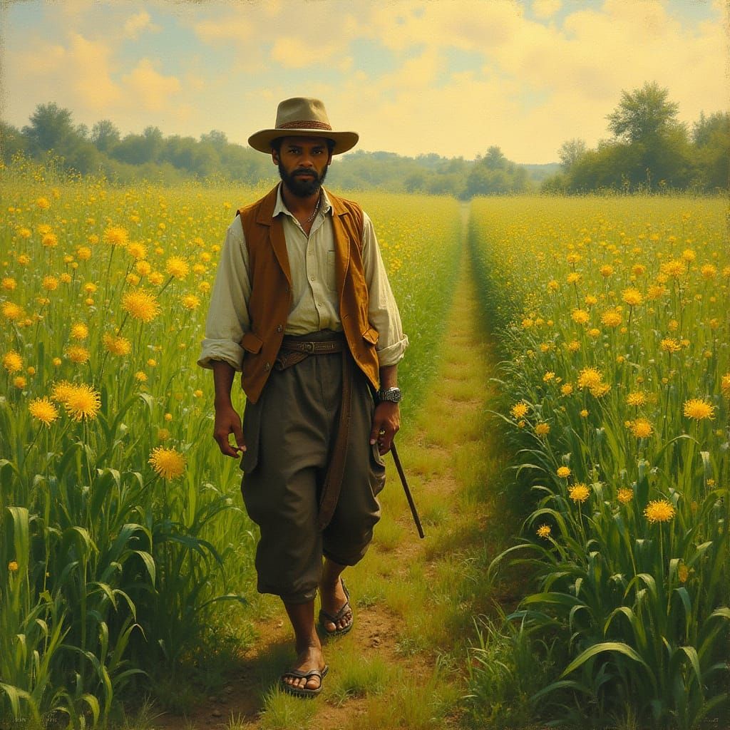 Man Walks Through Golden Field of Crops