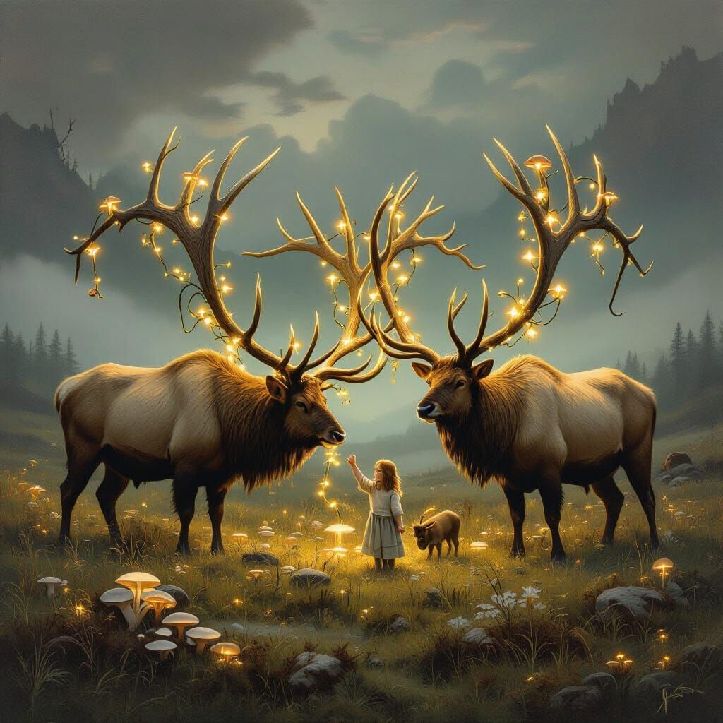 Irish Elk Family in Renaissance Landscape Oil Painting