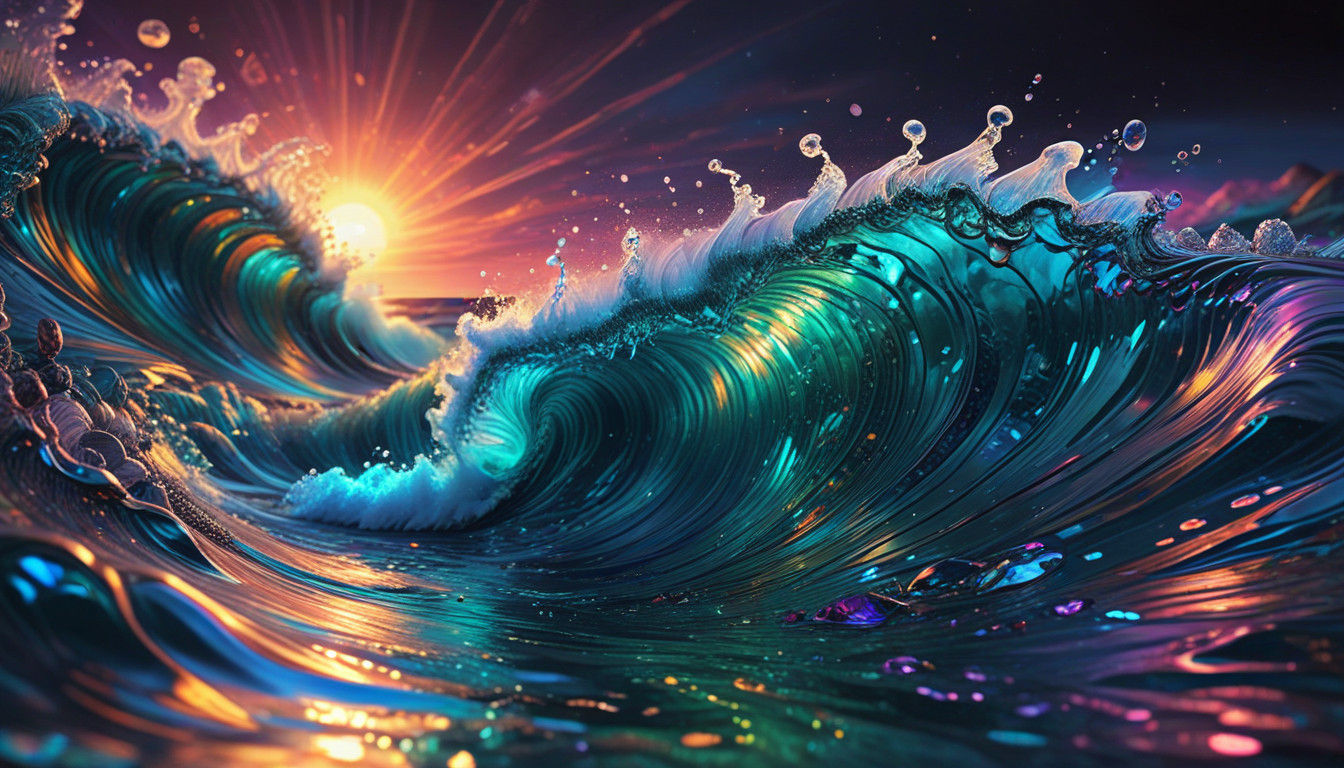 Surreal Seascape of Sapphires and Emeralds, Iridescent Waves...