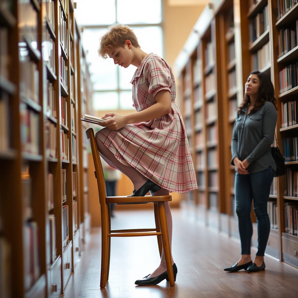 Young Man in Plaid Dress at Library, Annie Leibovitz Style