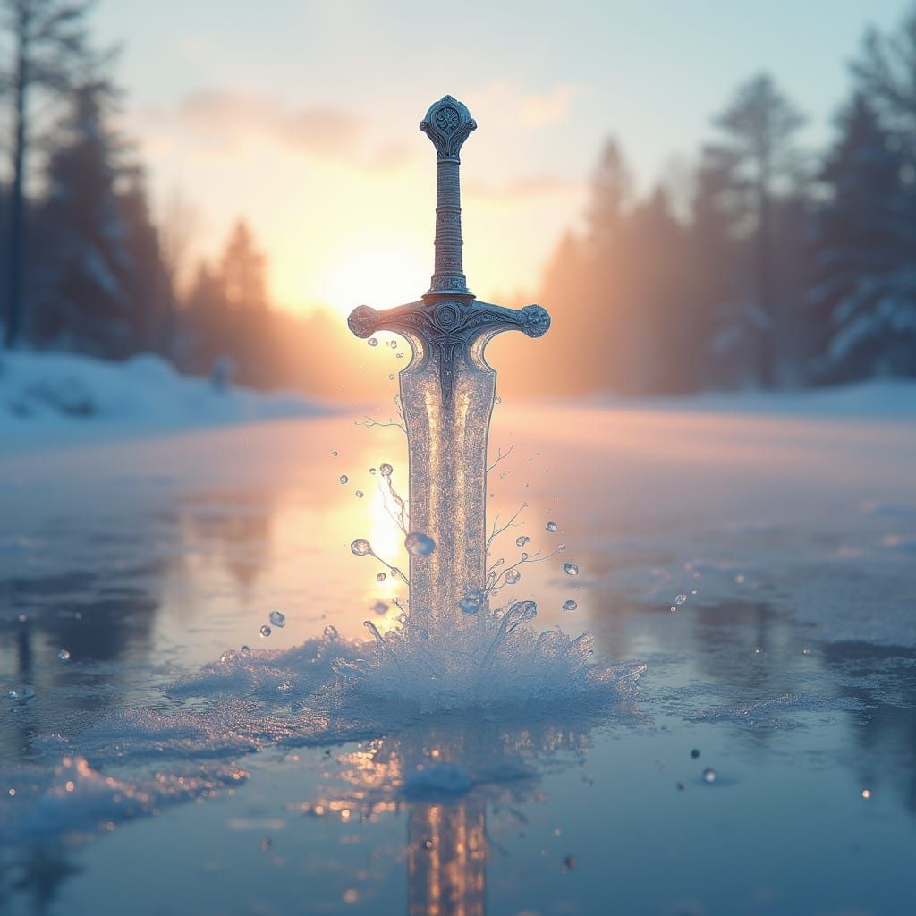 Ethereal Ice Sword Suspended Above Winter Wonderland