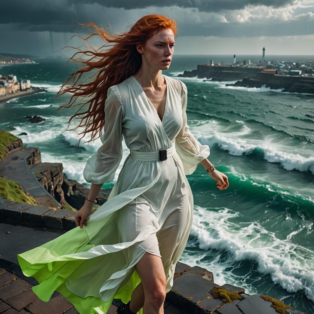Redhead in Cyberpunk City Overlooking Neon Sea
