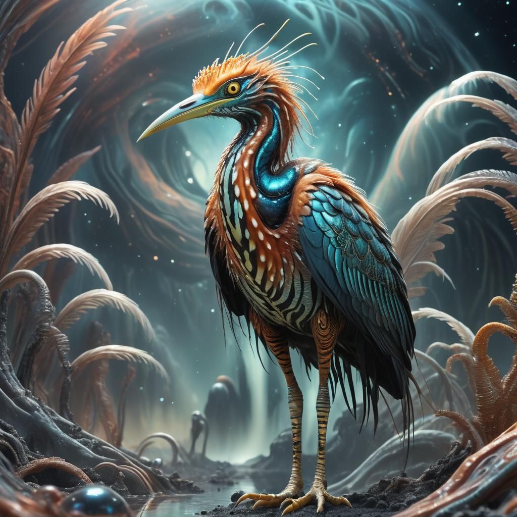 Vibrant Alien Bird on Exoplanet in Surreal Style