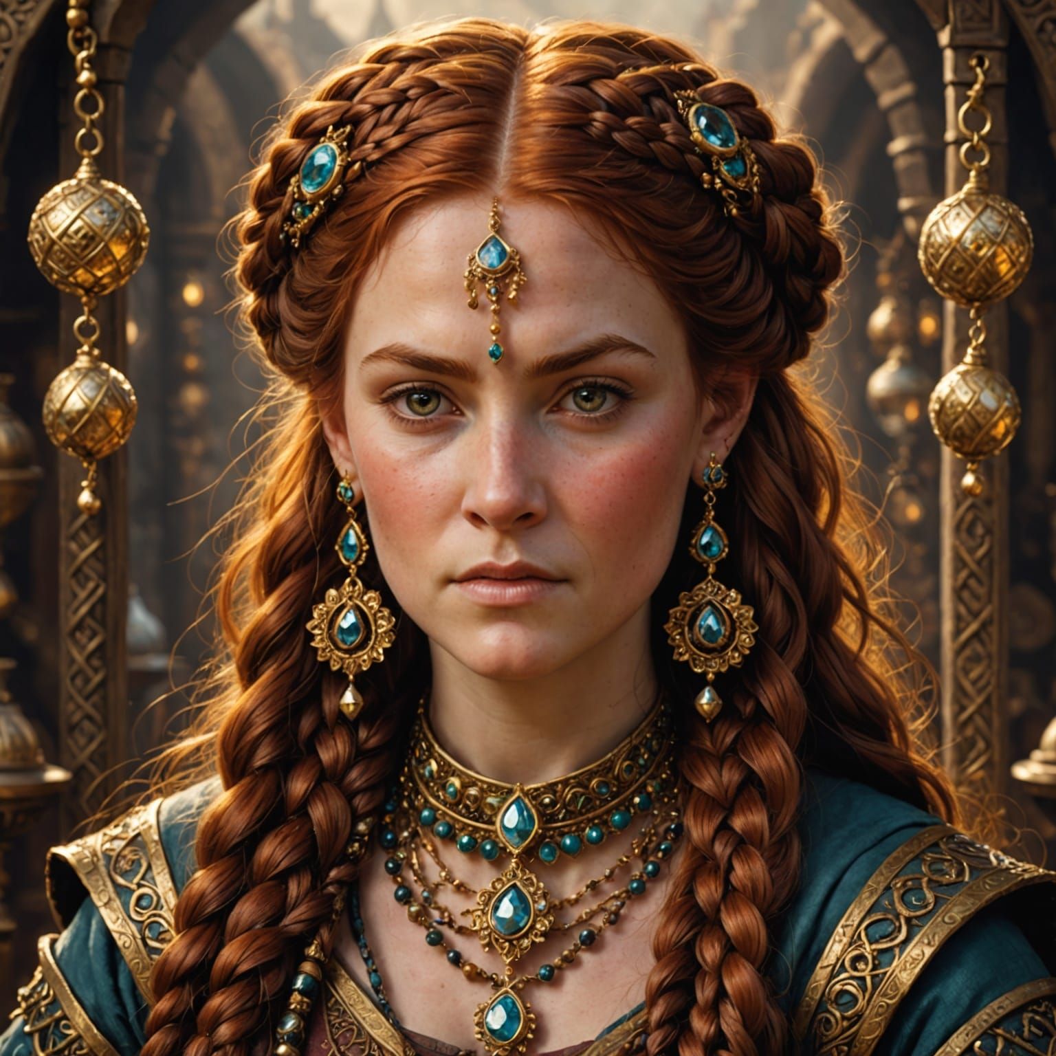 Elegant Dwarf Woman in Golden Braids and Majestic Beard