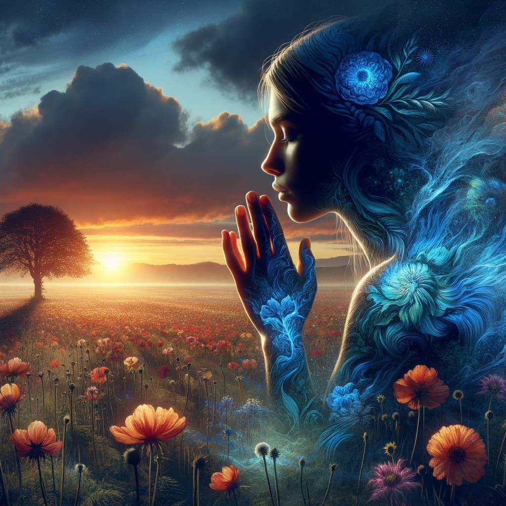 Cinematic Double Exposure: Girl in Prayer with Floral Landsc...