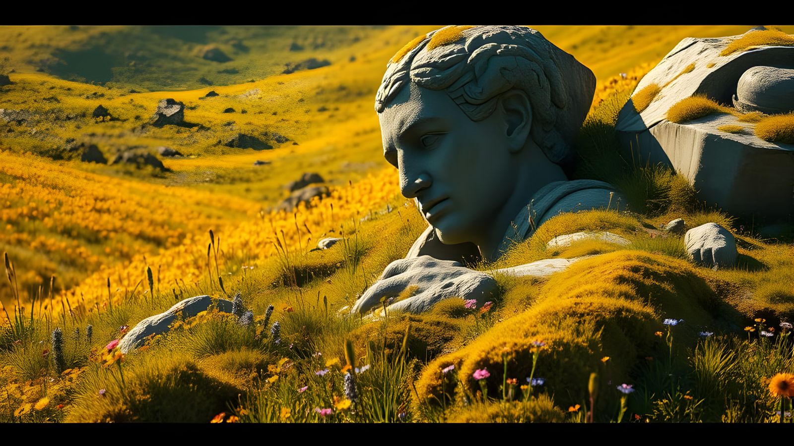 Wildflower Meadow Envelops Ancient Stone Statue