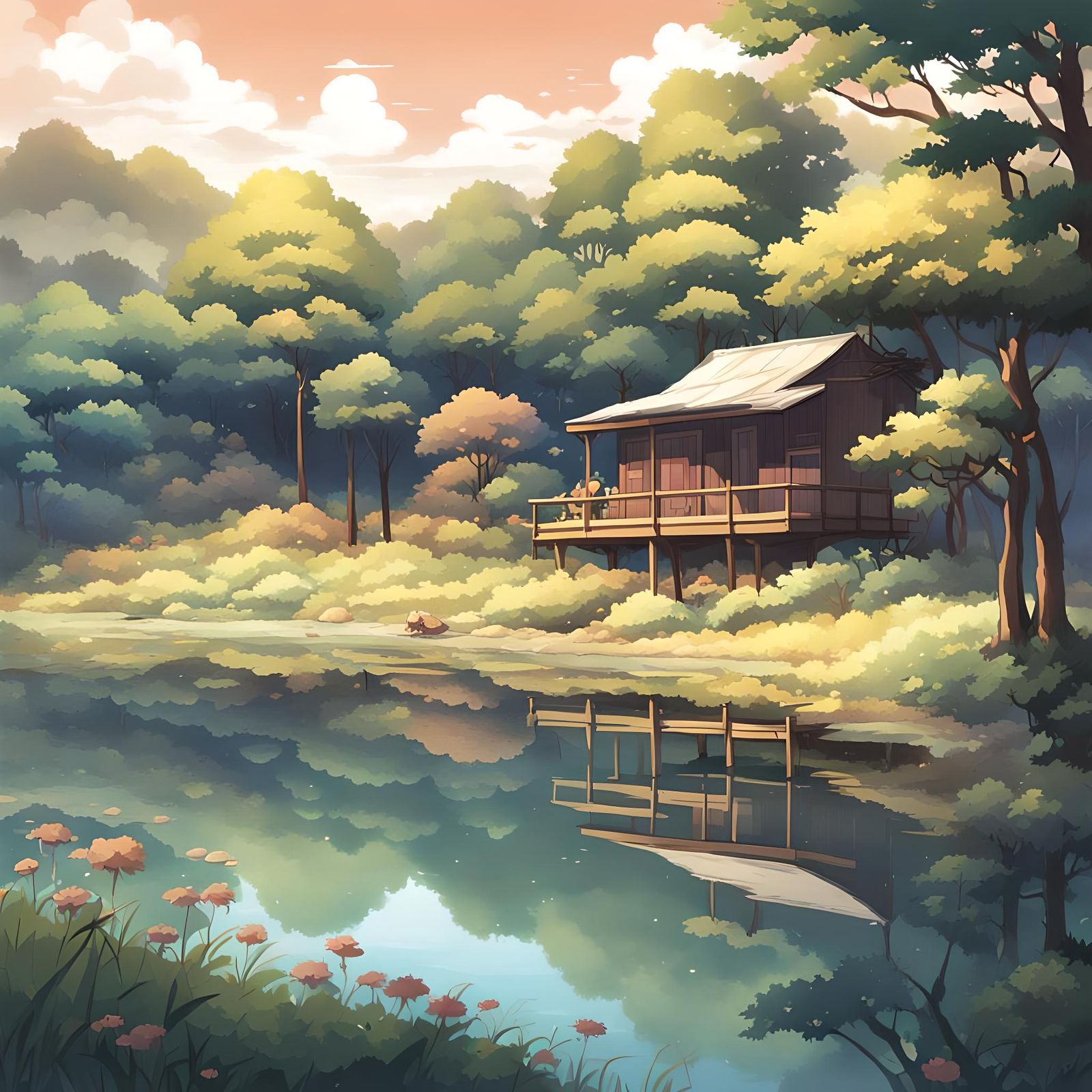 Cozy Lo-fi Cabin in Forest, Anime Style