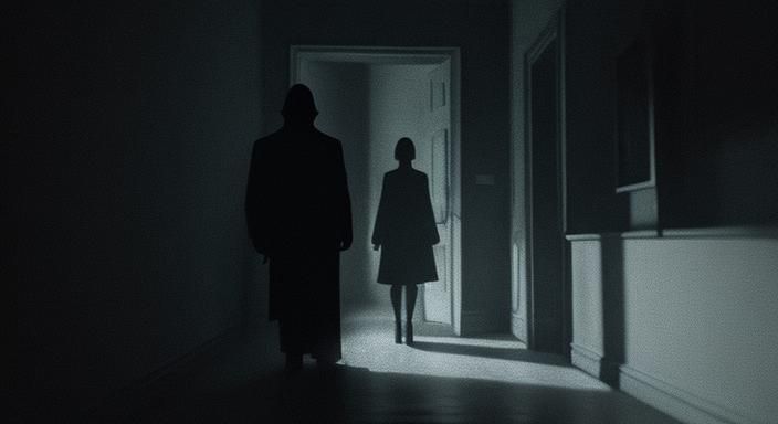 Eerie Figure in Shadowy Hallway: Cinematic Horror