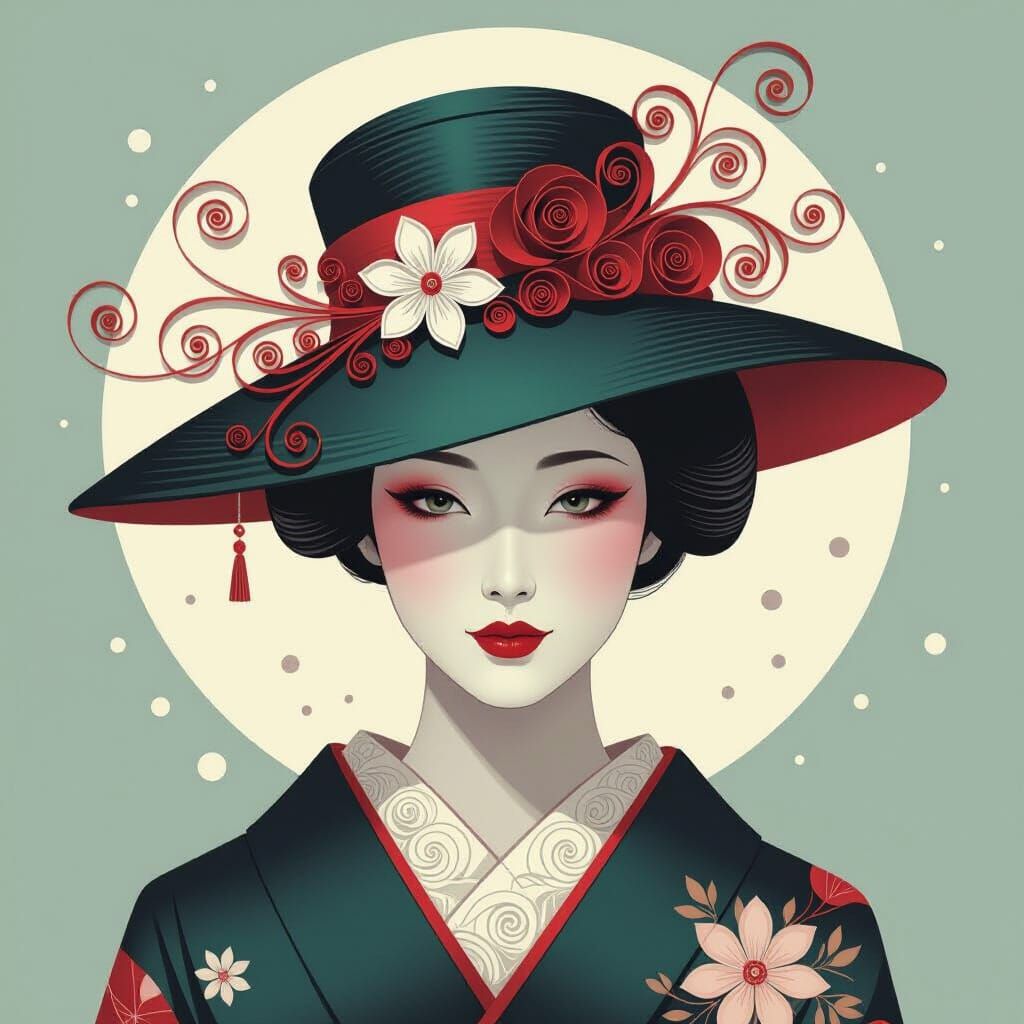 Geisha in High Fashion Hat: A Renoir-Inspired Digital Painti...
