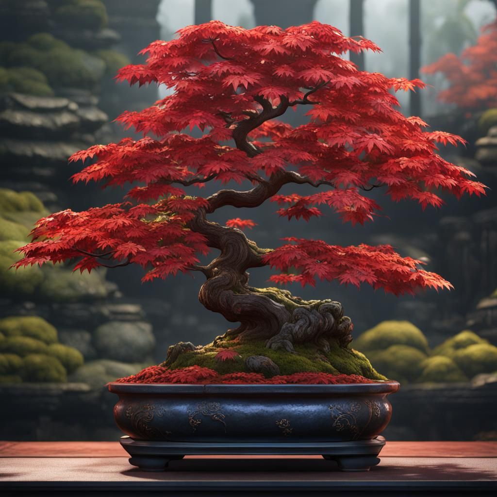 Detailed Japanese Red Maple Bonsai Art