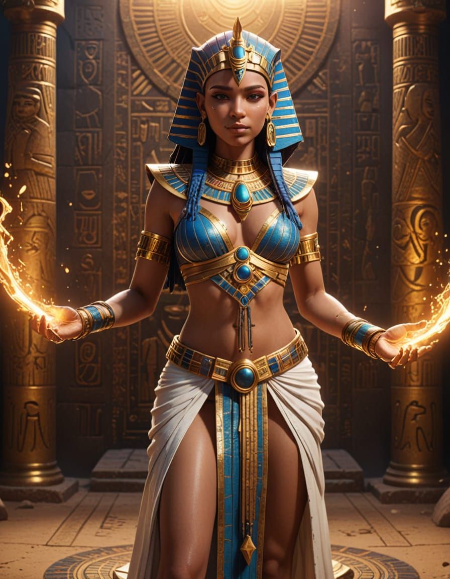 Anime Pharaoh Sorceress Summoning Magic in Vivid Colors