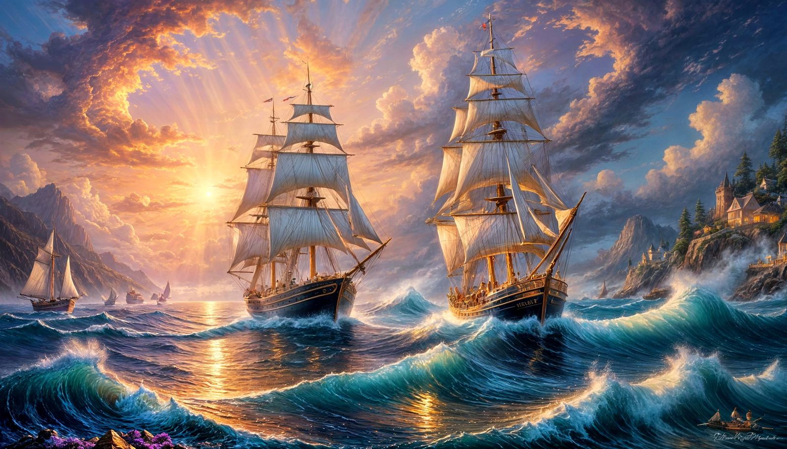 Majestic Sailboat at Twilight Harbor in Vivid Oil Painting S...