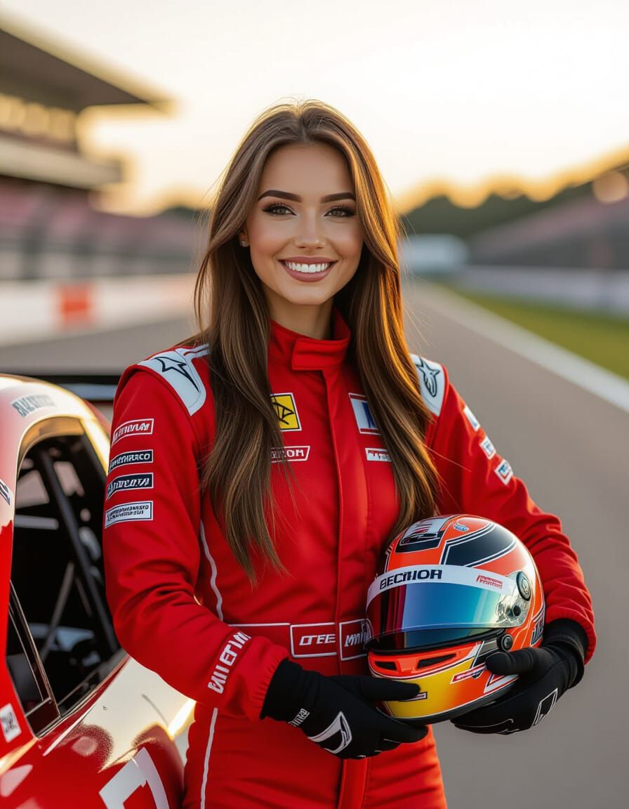 Russian Racer Girl Beside Formula Car in Golden Hour