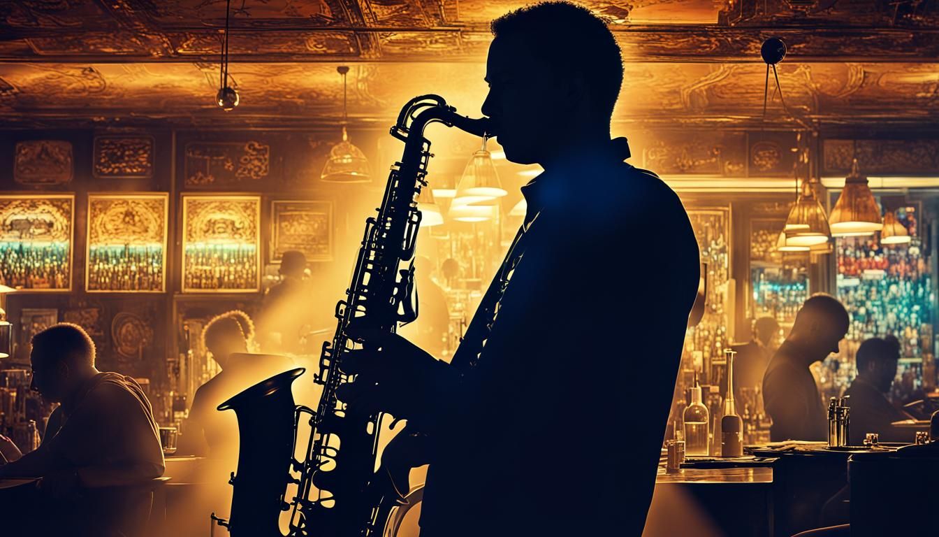 Saxophone Silhouette in Neon Pub, Double Exposure