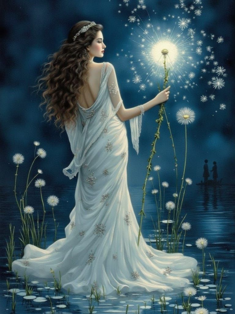 Ethereal Woman in Vintage Japanese Gown with Glowing Dandeli...