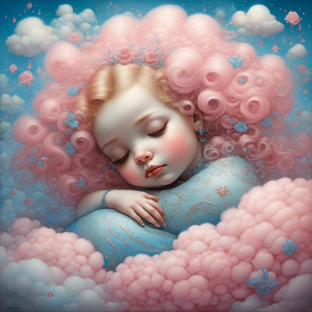 Baby Girl Sleeping on Cloud in Pastel Colors