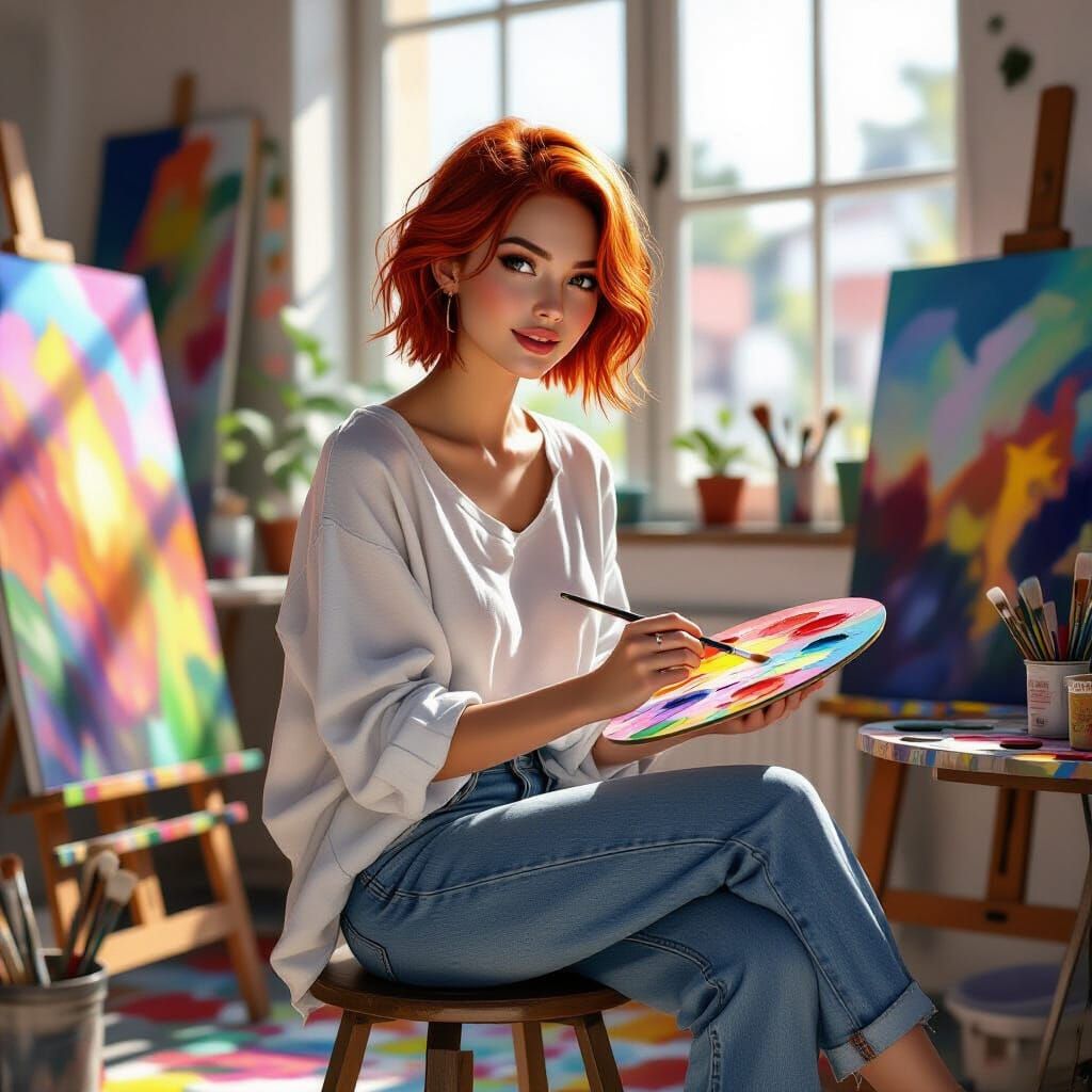 Young Artist in Studio: Digital Portrait in Photorealistic S...