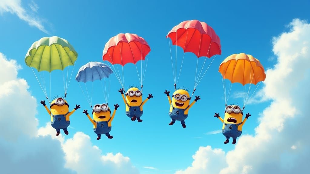 Minions Parachuting: Nostalgic Impressionist Oil Painting