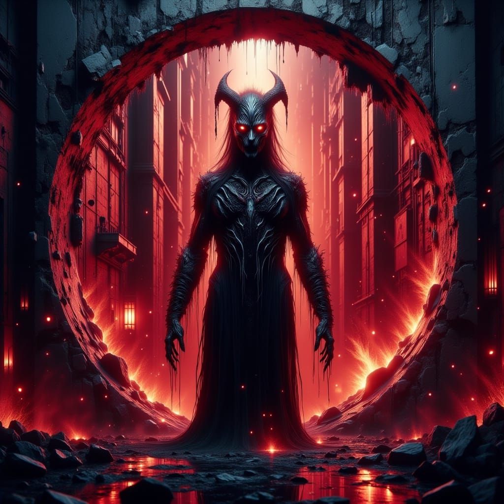 Cyber-Gothic Figure Emerges in Dystopian Cityscape