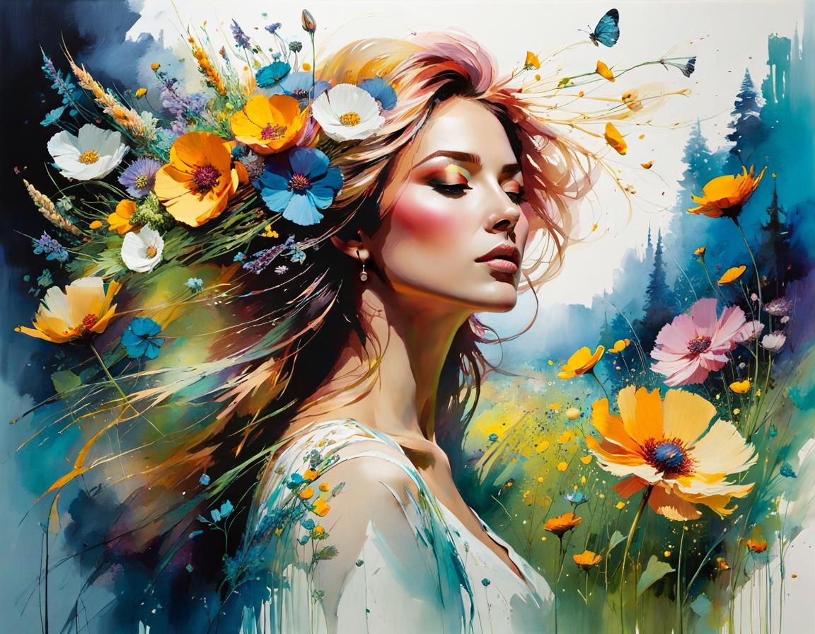 Bloom Meadow: Watercolor Landscape in Romantic Style