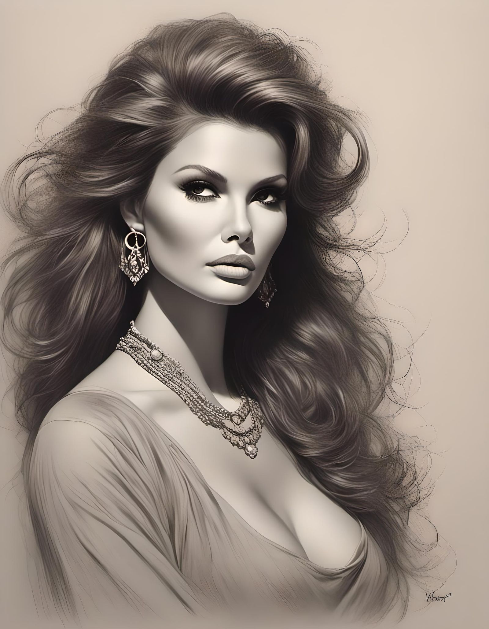 Pencil Sketch of Mysterious Brunette in Beige Tones