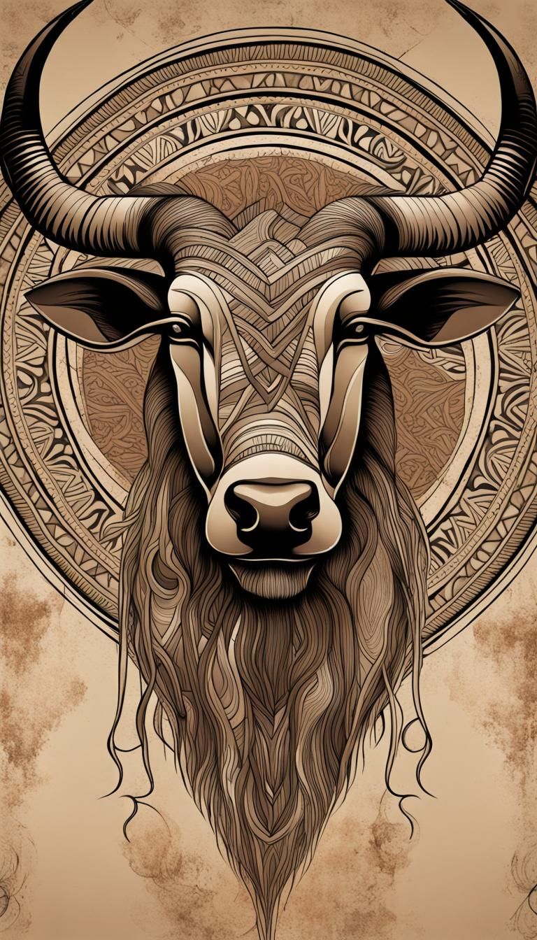 Stylized Wildebeest Head with Mandala Background