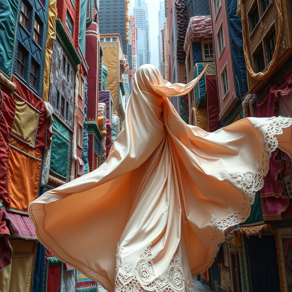 Surreal Fabric Metropolis Unfolds with Ethereal Silk Citizen