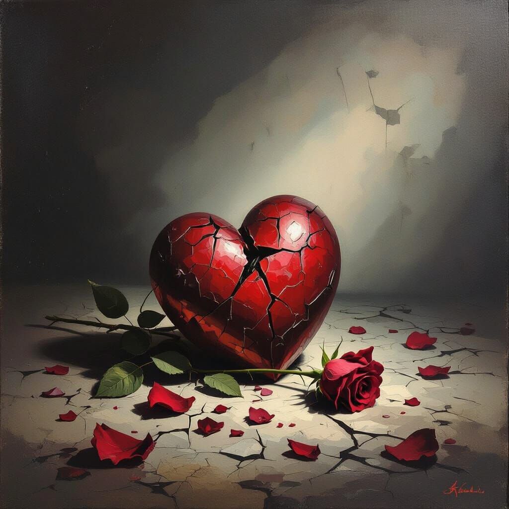 Shattered Heart with Wilting Rose in Somber Painterly Style