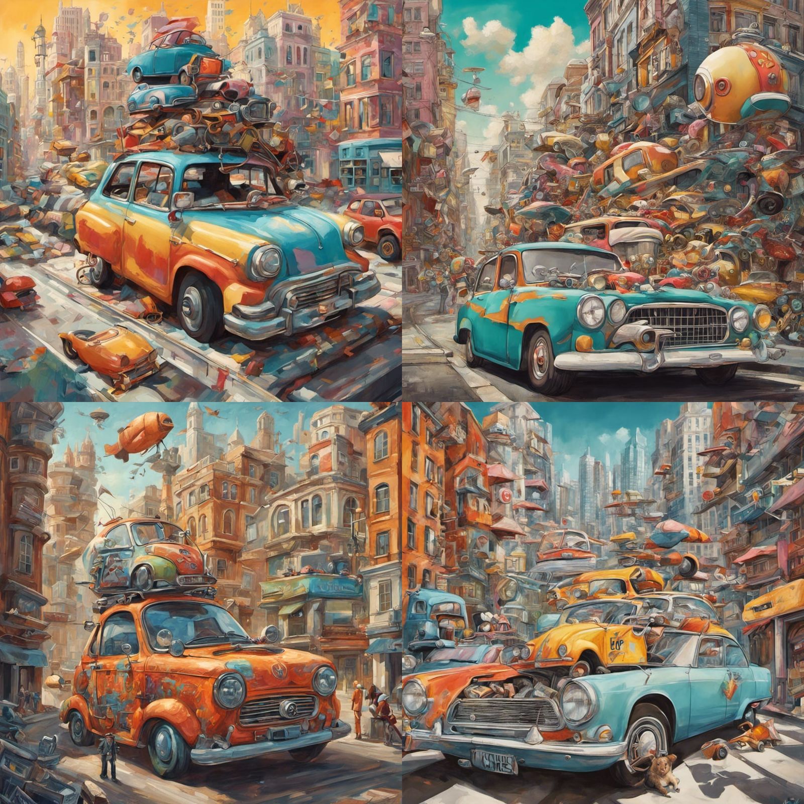 Surreal Cityscape with Unconventional Cars