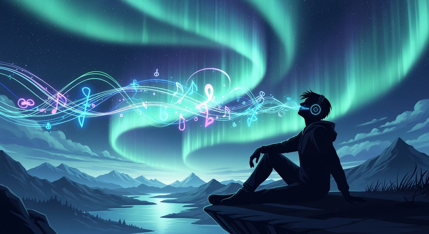 Figure Listening to Music Under Aurora Sky