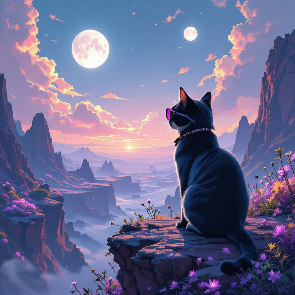 Cat on Alien Cliff Overlooking Glowing Flora