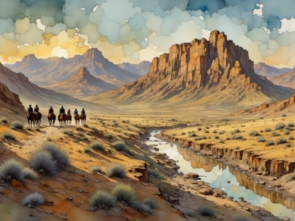 Cowboys in Tabernas Desert: Watercolor Abstract Vector Art