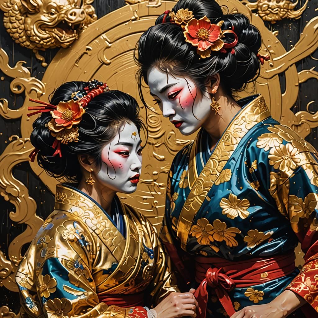 Two Furious Geishas mud wrestling in pig pen Roberto Ferri