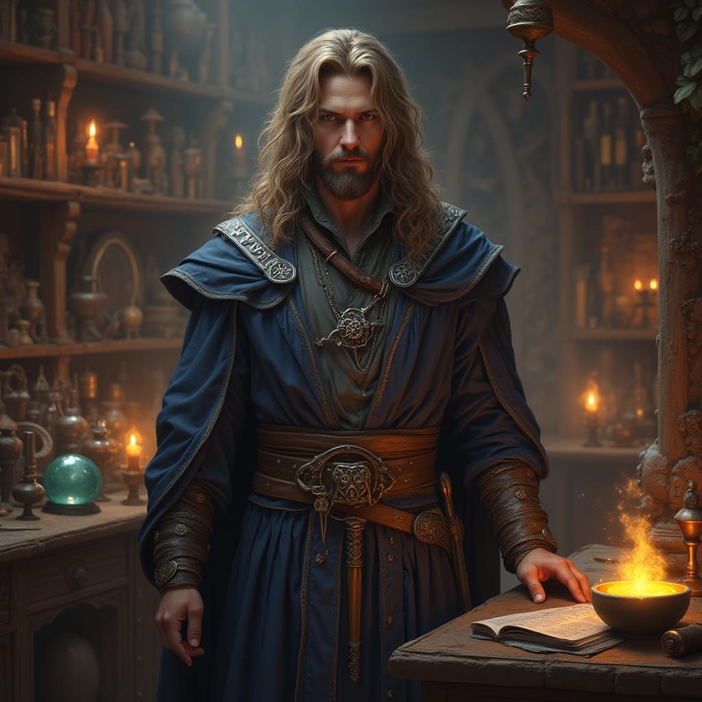 Mage in Fantasy Laboratory with Arcane Artifacts